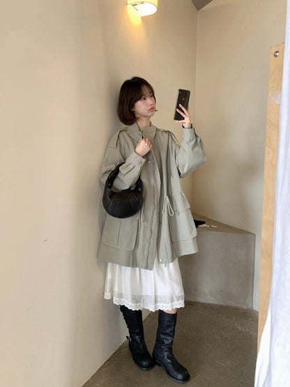 🫒 帥氣可立領束腰口袋工裝外套