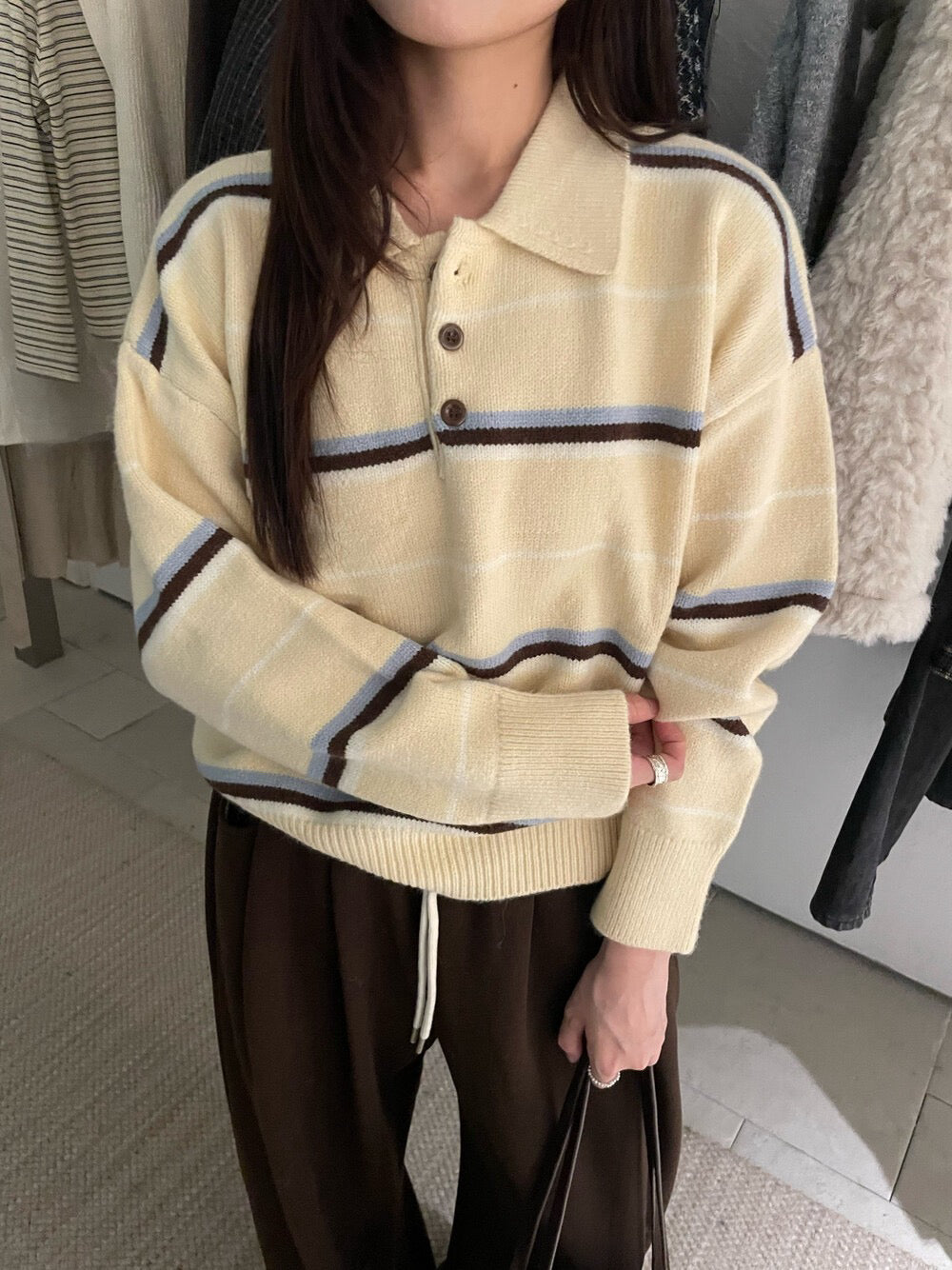 // 鈕扣polo翻領拼間針織NT