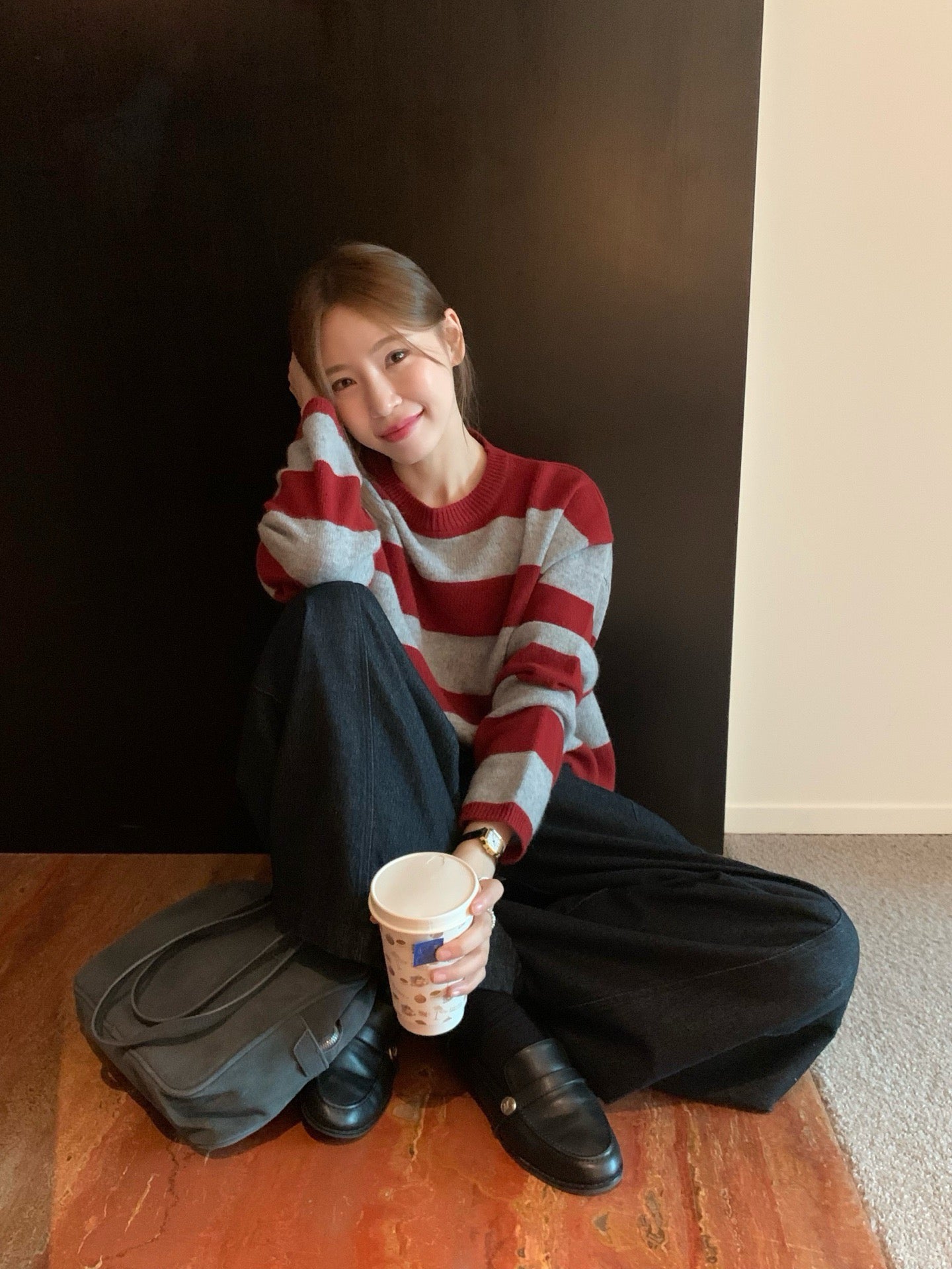 // 撞色粗間條100%羊毛圓領毛衣