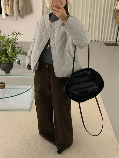 // 簡約菱格薄夾棉圓領外套