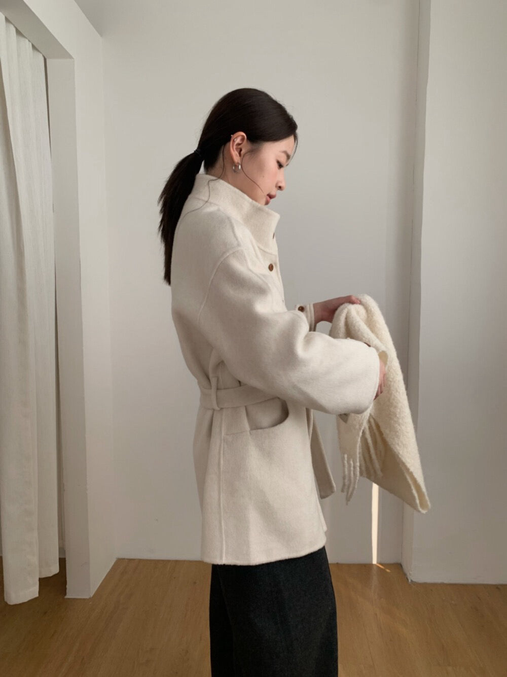 // 100%羊毛小立領排扣連腰帶雙面手工外套