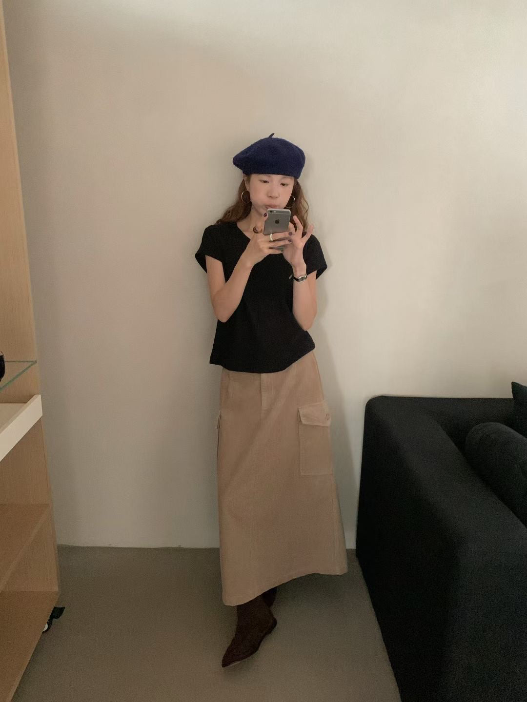 // 雙口袋燈芯絨中裙