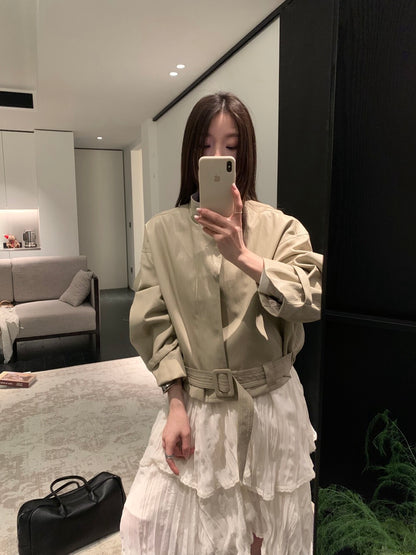 🫘 質感滿分衣擺腰帶立領彷皮外套