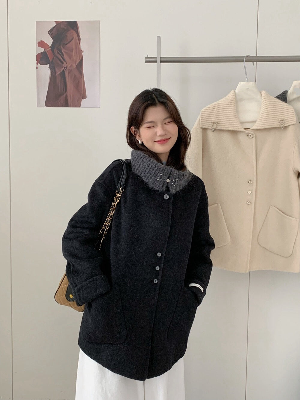 // 100%羊毛拼針織領雙面手工外套