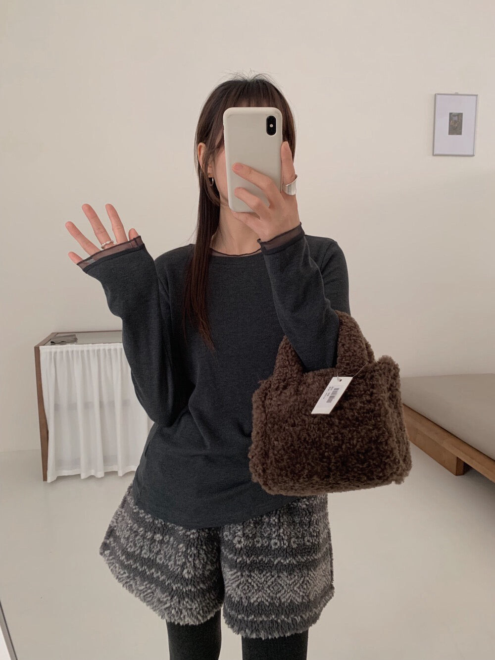 // 5%羊毛拼lace邊超舒服彈性打底上衣