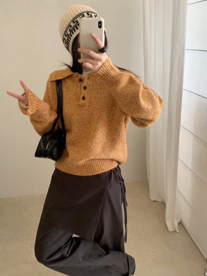 // 軟糯混兔毛花線鈕扣翻領毛衣