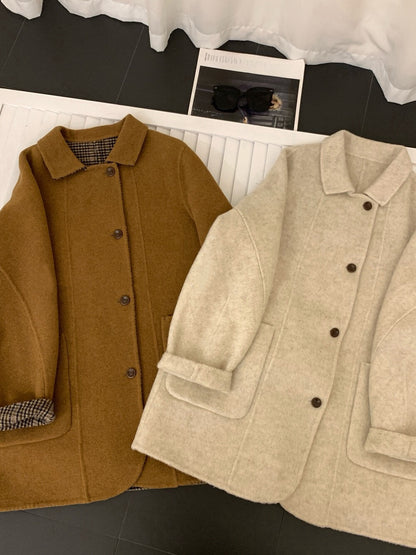 // 90%wool+10%cashmere翻領口袋中長雙面手工外套￼