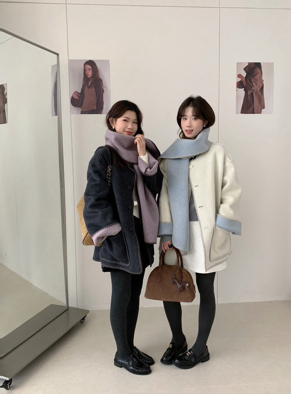 // 可雙面穿撞色縫邊70%羊毛外套(連頸巾)