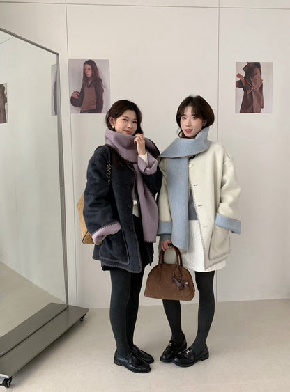 // 可雙面穿撞色縫邊70%羊毛外套(連頸巾)