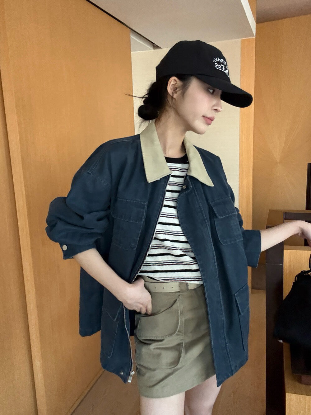 // 美式復古撞色領工裝外套