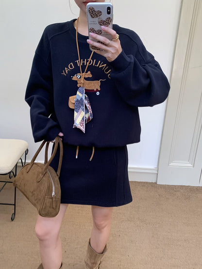 // 可愛小狗刺繡衛衣+短裙套裝(連掛飾)