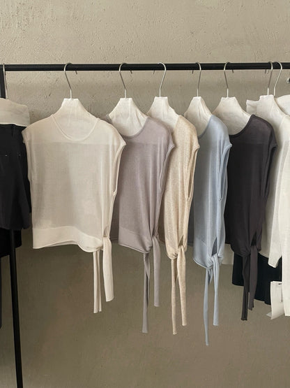 // lyocell麻織紋側綁帶遮肩背心NT