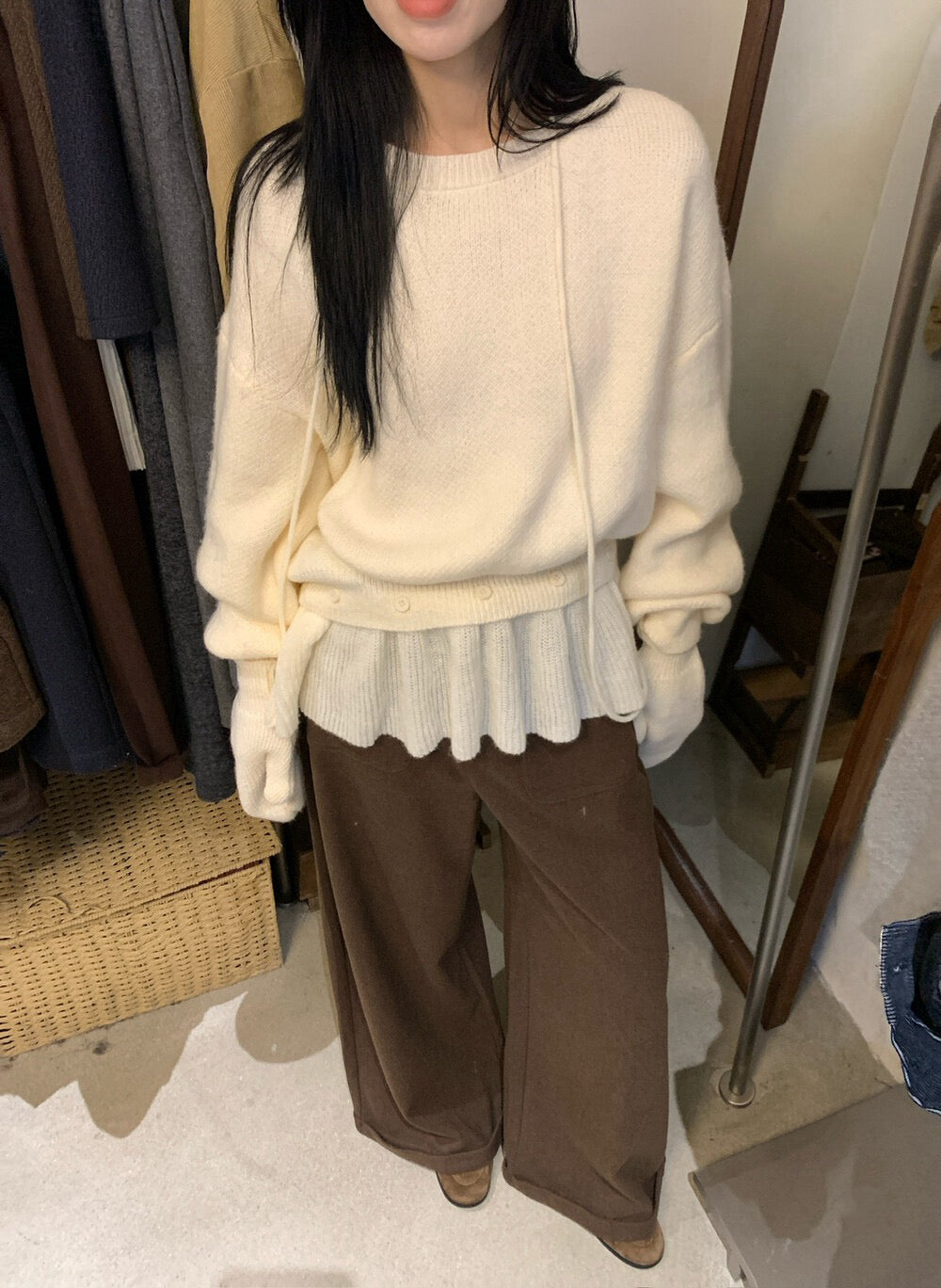 // 設計感軟糯鈕扣假兩件裙簾毛衣(連手套)