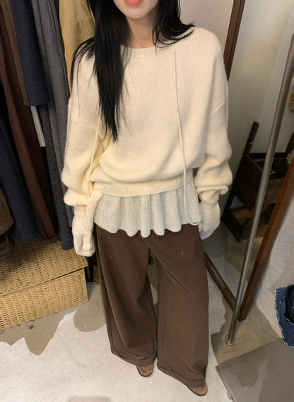 // 設計感軟糯鈕扣假兩件裙簾毛衣(連手套)