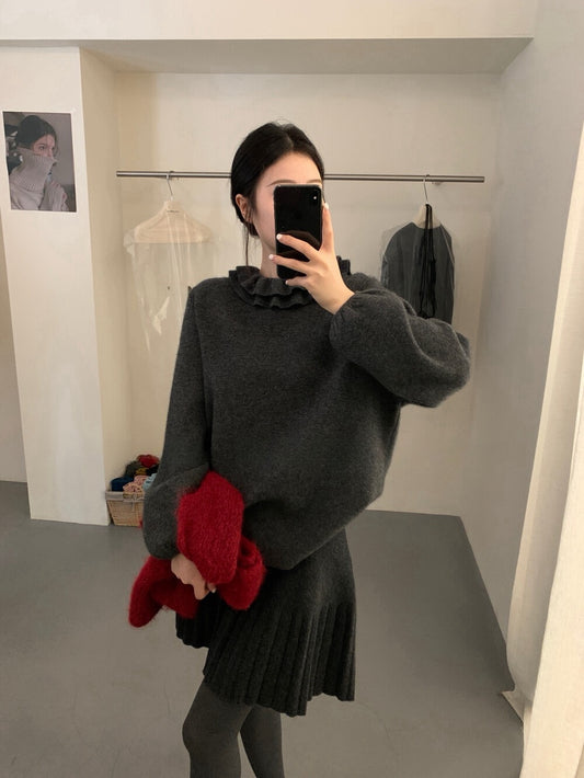 // 20%兔毛雙層荷葉領束袖口毛衣