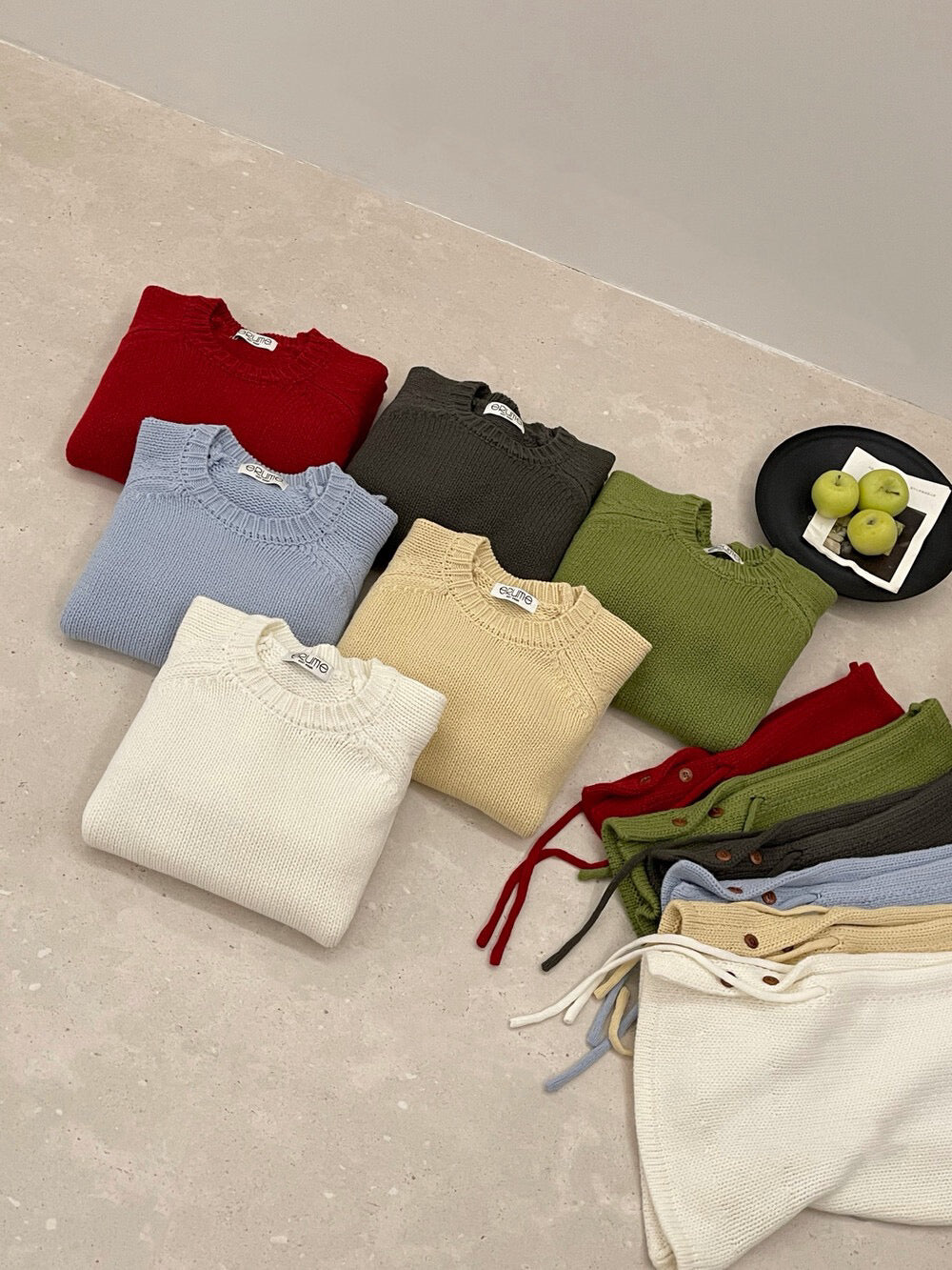 // 棉感卷邊圓領連鈕扣帽毛衣