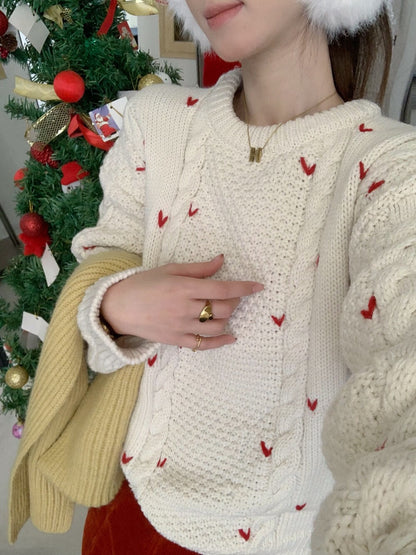 // 5%wool心心刺繡麻花毛衣