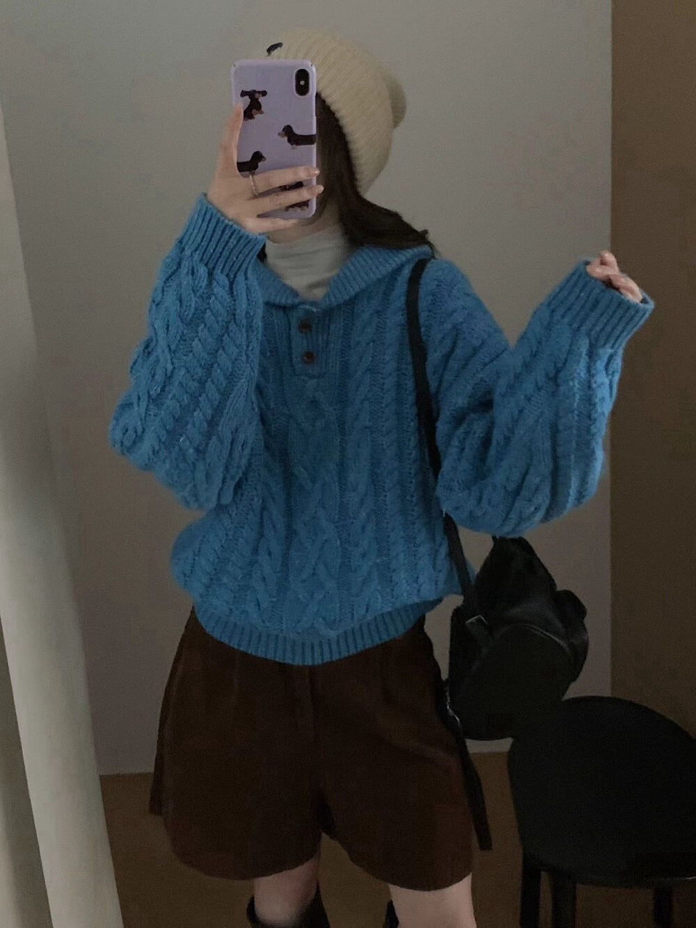 // 30%羊毛紋理感麻花鈕扣翻領毛衣