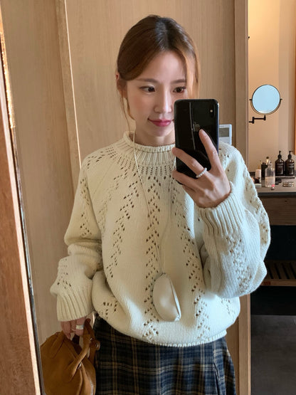 (部分現貨) // 15%wool鏤空鈎花半領卷邊毛衣