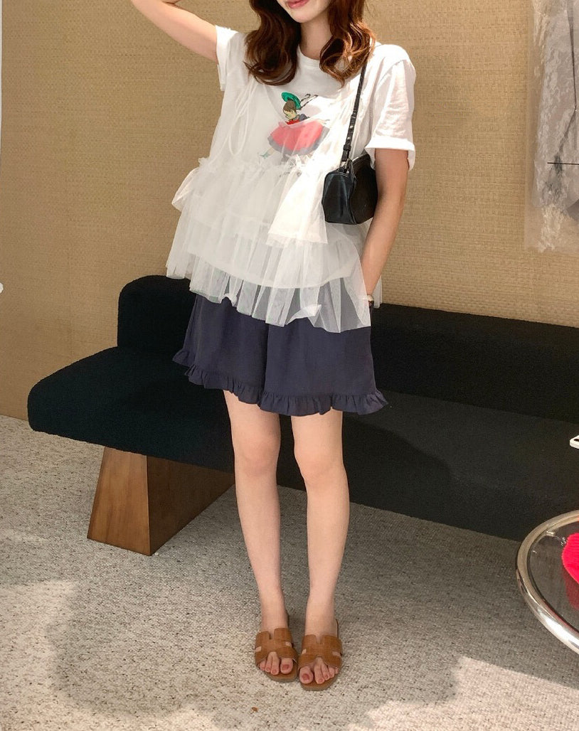 // 蝴蝶結綁肩層層網紗吊帶