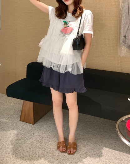 // 蝴蝶結綁肩層層網紗吊帶
