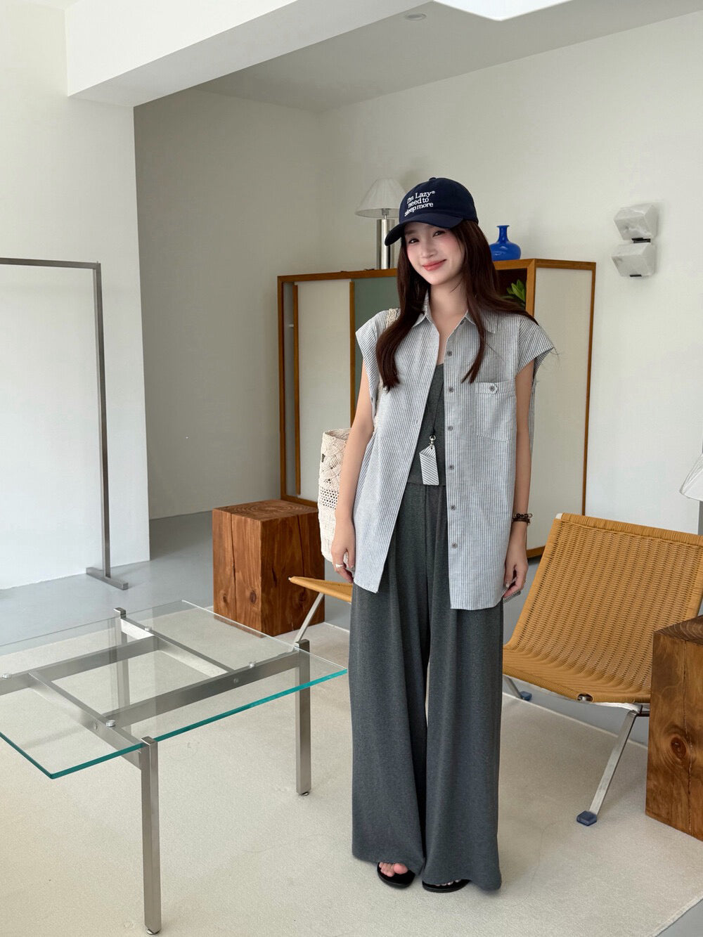 S43 / 休閒風間條小飛袖恤衫+吊帶+舒服褲三件套