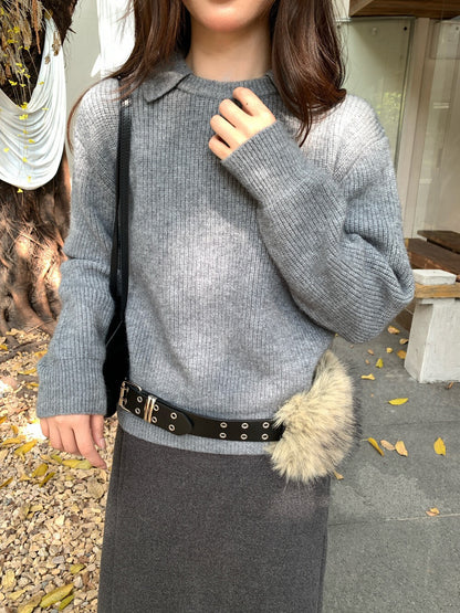 // 慵懶感直坑紋翻領毛衣