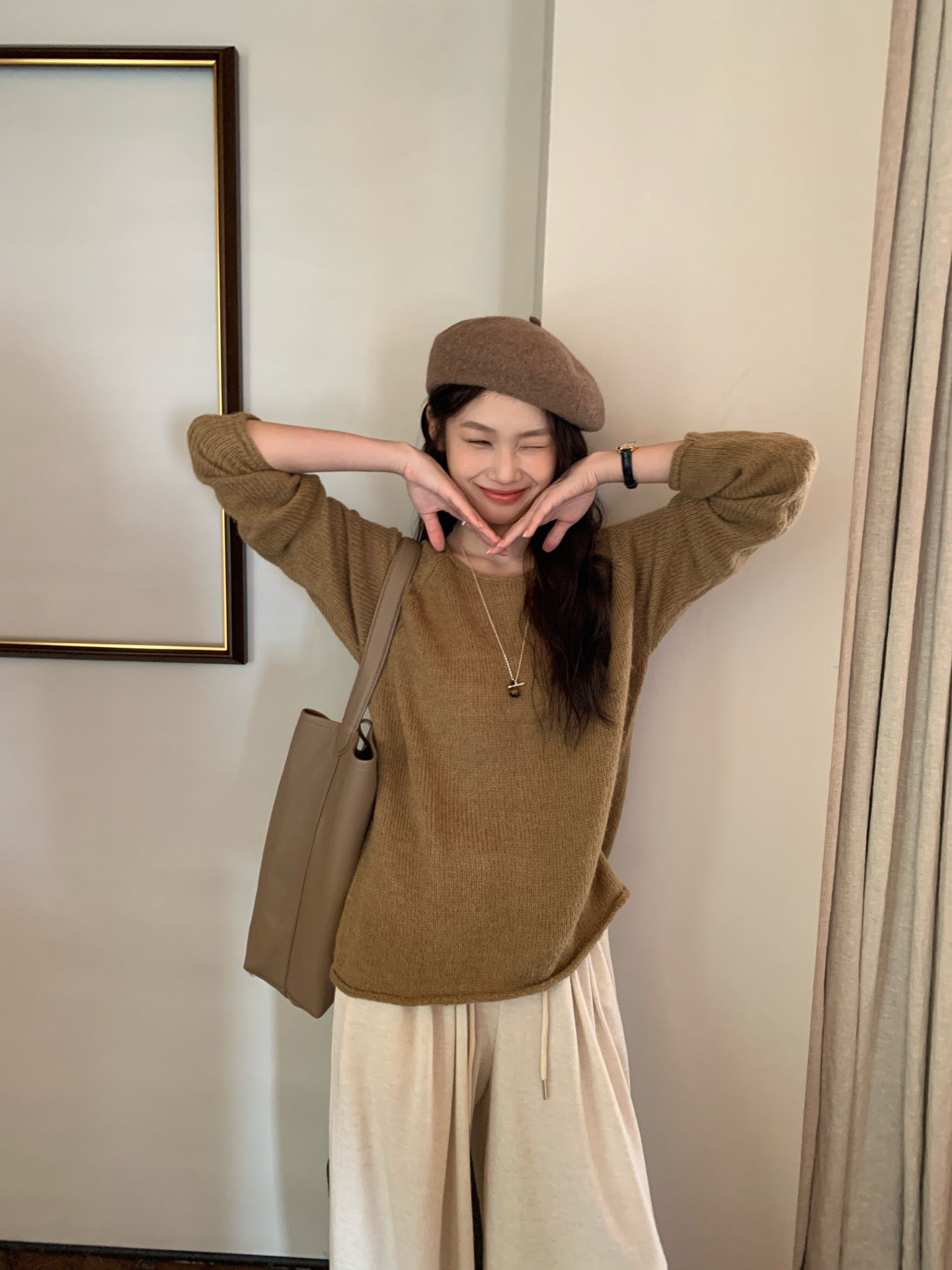 // 超美色系慵懶落肩針織上衣