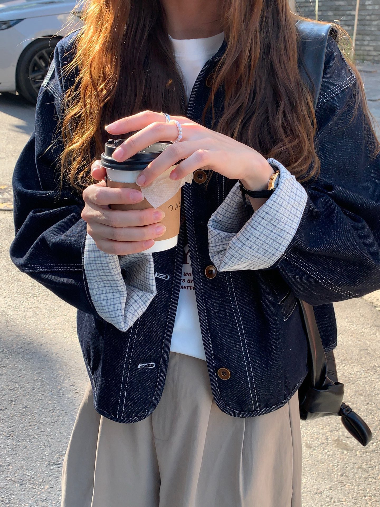 // 復古感明線格仔內裡拼接牛仔外套