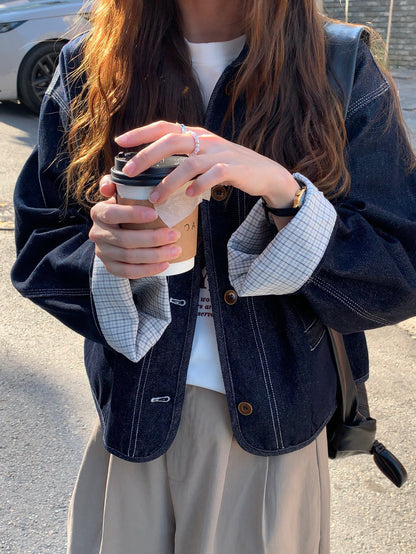// 復古感明線格仔內裡拼接牛仔外套