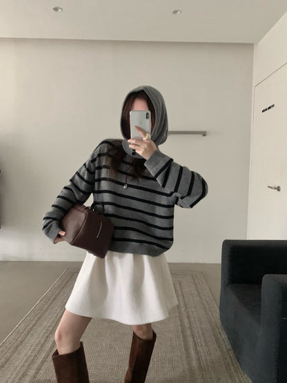 // 35%wool可分拆帽子間條毛衣