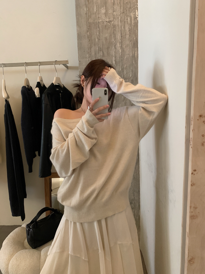 // 超軟糯貂絨斜肩針織上衣