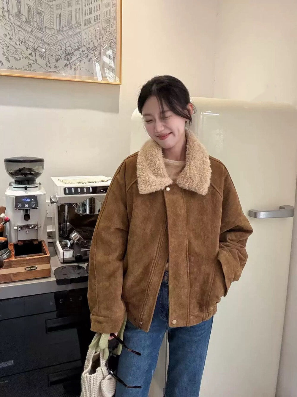 // 復古拼羊羔毛領麂皮絨外套