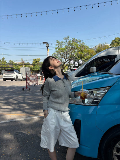 // 拼色領卷卷邊直紋鈕扣lyocell針織上衣