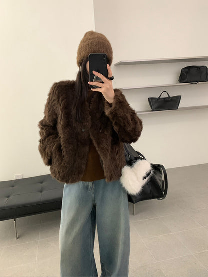 // 高級感皮毛一體V領毛毛外套