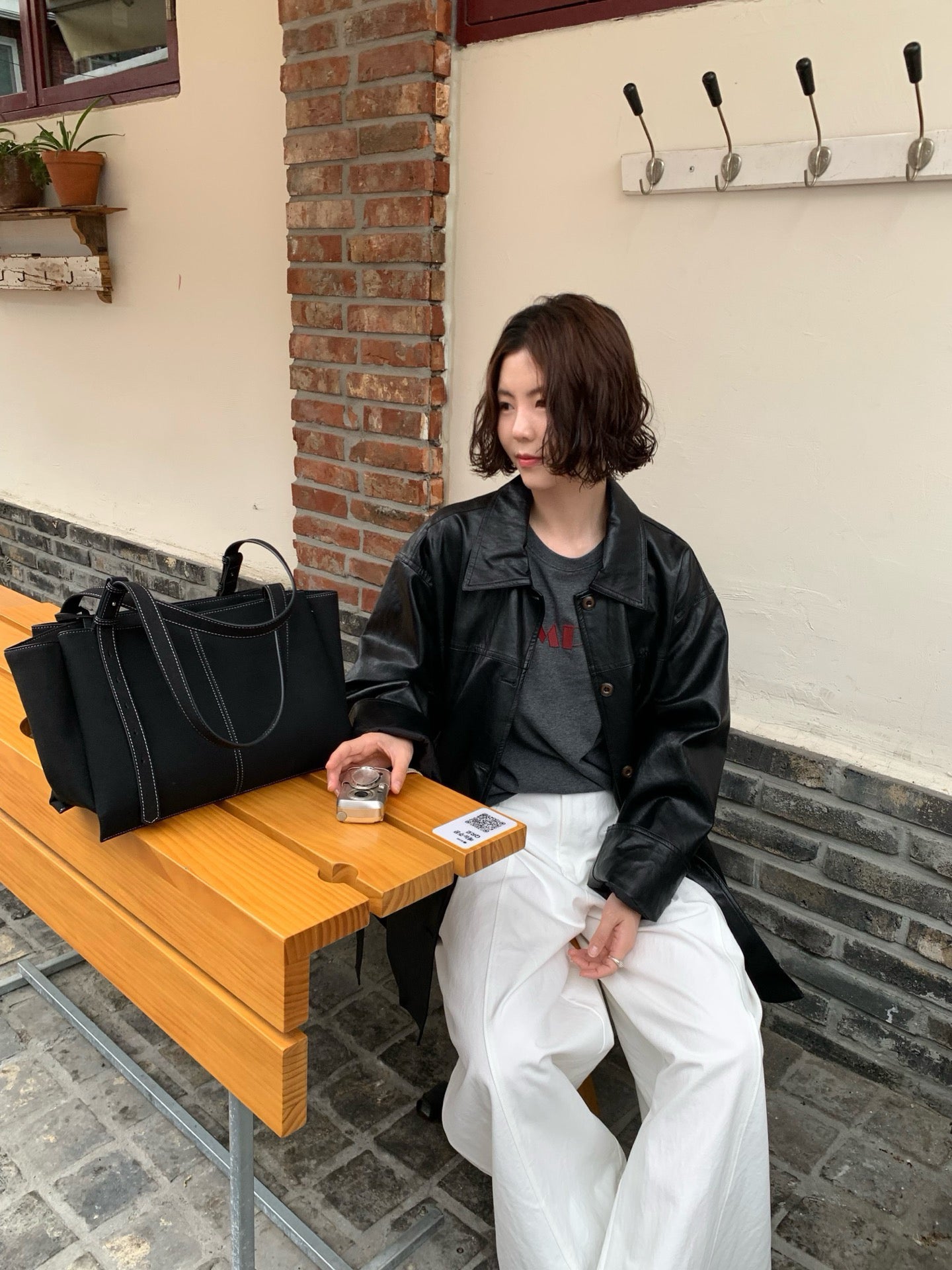 // vintage油蠟皮連腰包腰帶翻領中長外套