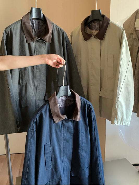 // 中古感拼花紋麂皮領工裝外套