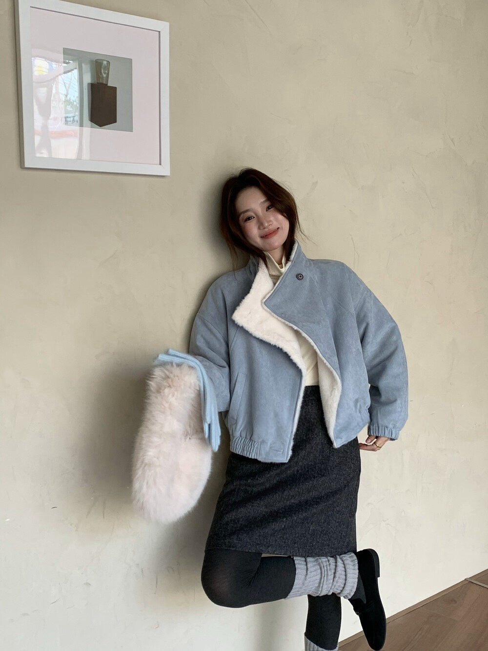 // 帥氣隨性領子皮毛一體麂皮絨外套