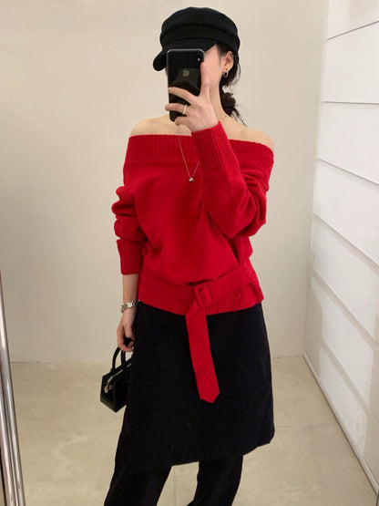 // 一字肩斜肩連腰帶NT