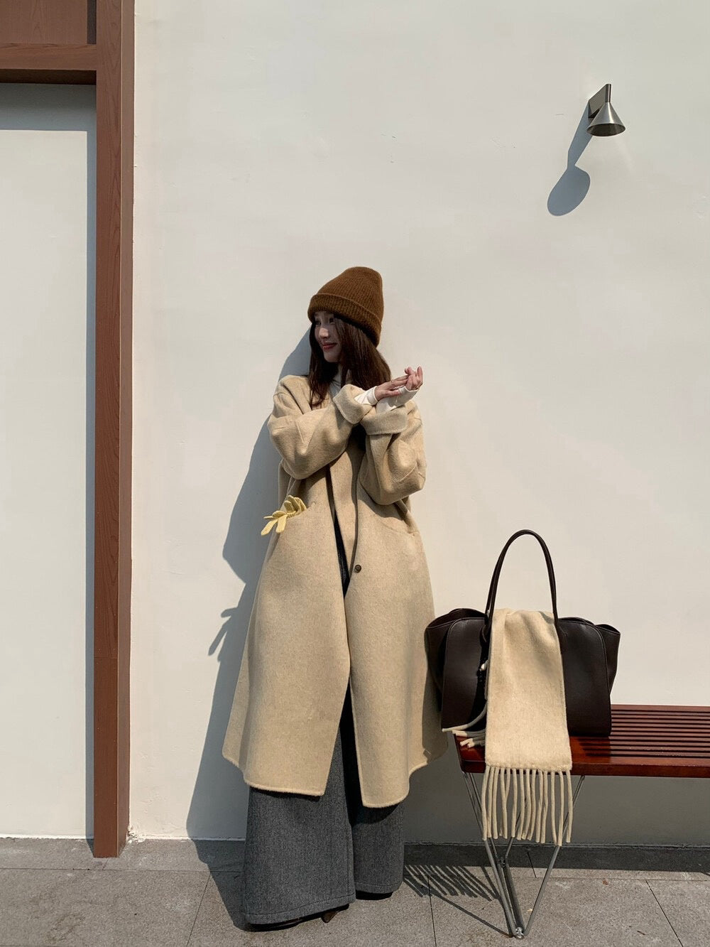 // 100%wool簡約圓領手工雙面長外套(連頸巾)