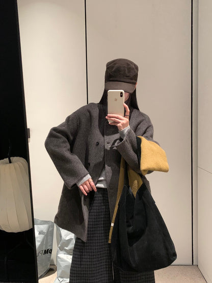 // 90%羊毛+10%羊駝毛小立領斜口袋手工外套