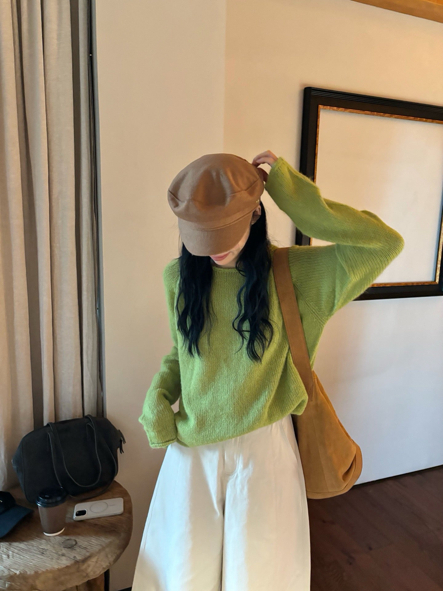 // 超美色系慵懶落肩針織上衣