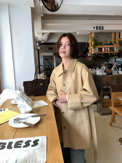 // vintage油蠟皮連腰包腰帶翻領中長外套