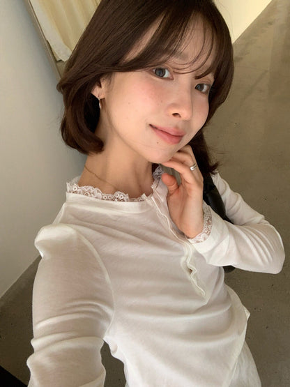 // 超親膚lace邊半鈕扣TEE