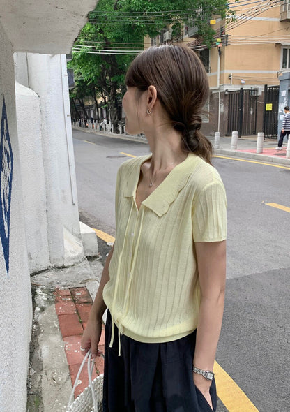 // 花邊翻領綁帶直紋麻質針織上衣