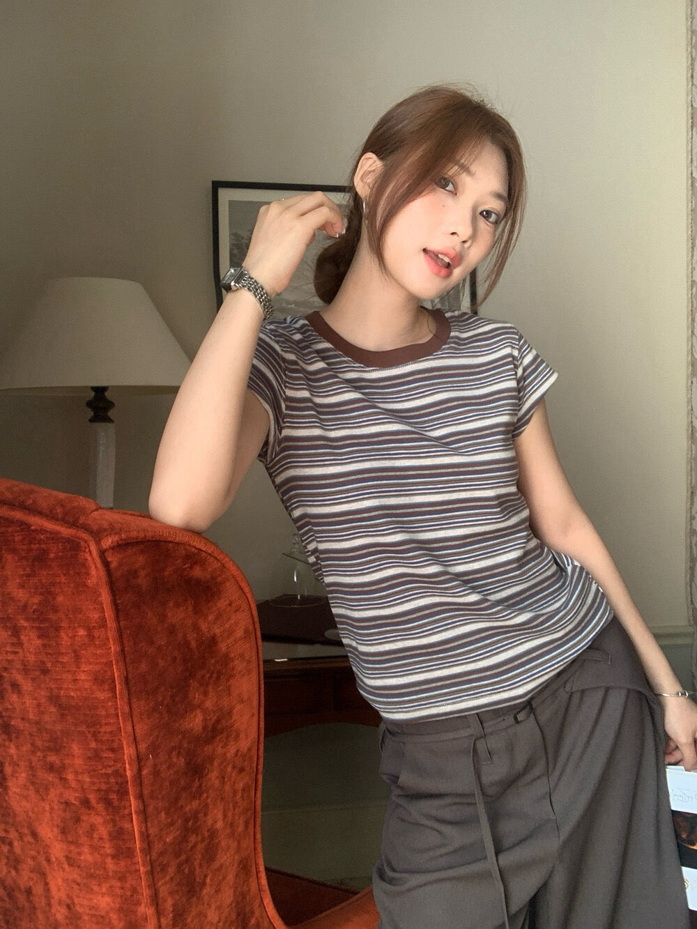 B18 / 彈性正肩撞色間條短䄂TEE