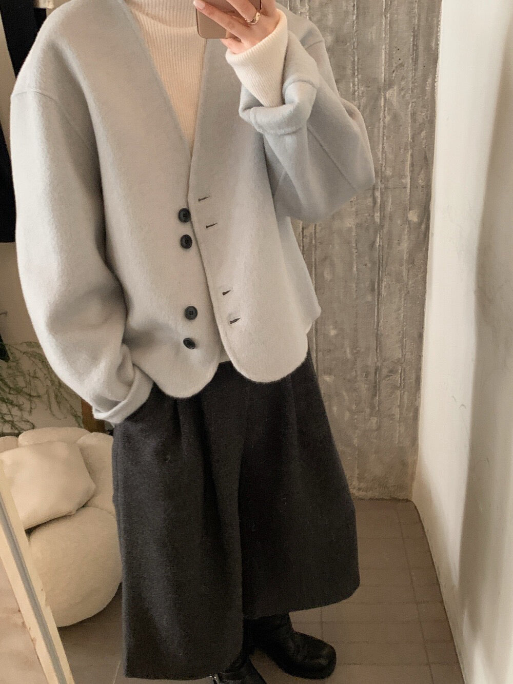 // 極美double鈕扣深V簡約100%雙面羊毛手工外套