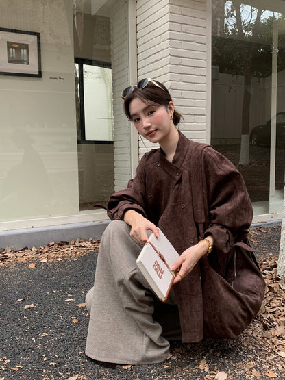 // 小立領雙排扣麂皮絨外套