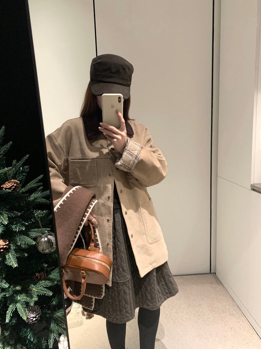 // 復古感拼色領內格紋燈芯絨外套