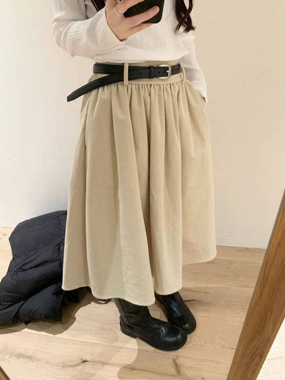 // 高腰壓褶簡約韓風中裙(連腰帶)